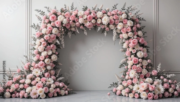 Obraz Beautiful floral archway, overflowing with various pink and white roses and greenery, creates a charming backdrop for a wedding or special occasion.