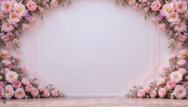 Obraz Soft-toned, decorative, floral display around a light beige wall, creating a visually appealing, blank background for events or presentations.