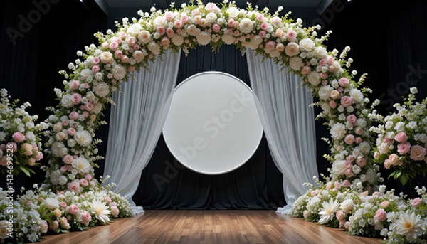 Obraz Beautiful floral archway stands against a backdrop with a round, blank frame.  The setting is elegant and prepared for a ceremony.