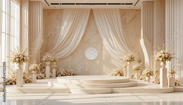 Obraz Pristine cream-colored ceremony platform, adorned with flowing drapes and floral arrangements, in a modern design.