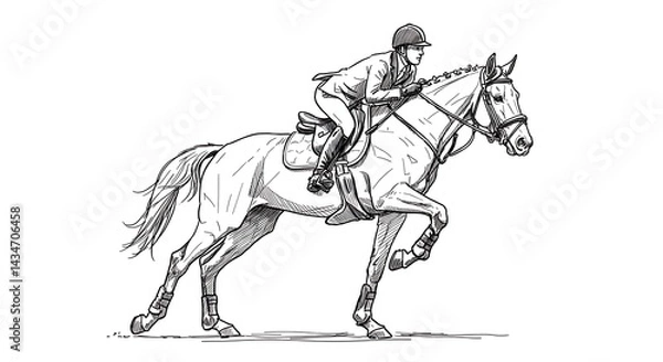 Fototapeta Dynamic Equestrian Sketch: Rider and Horse in Mid-Jump