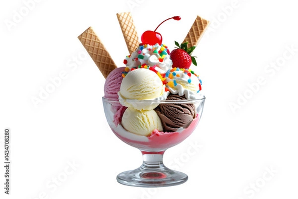 Fototapeta Colorful Ice Cream Sundae in Glass Bowl Isolated on White for Sweet Dessert Concepts: Vanilla, Strawberry, Chocolate with Whipped Cream and Cherry Imagery: Ice, Cream, Sundae, Isolated, White, Dessert
