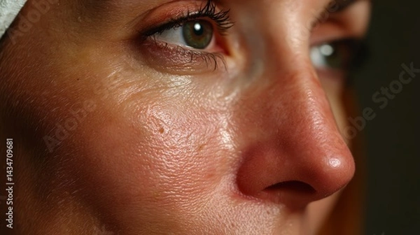 Fototapeta Close-Up of Woman's Face Highlighting Skin Hydration Imbalance and Oily Texture