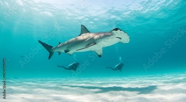 Obraz Hammerhead Shark Underwater with Divers