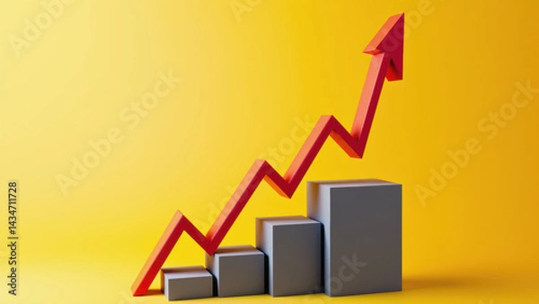 Obraz Increasing graph with red arrow on yellow background symbolizes growth and success