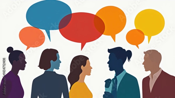 Obraz diverse group of people engaged conversation with colorful speech bubbles above them, showcasing communication and interaction