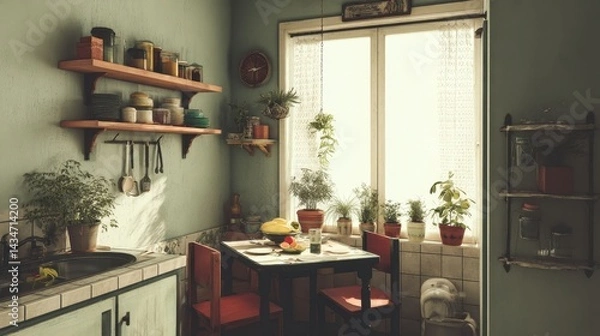 Fototapeta Cozy Green Kitchen with Plants and Sunshine
