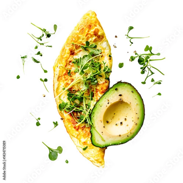 Obraz A vibrant omelette garnished with fresh microgreens, accompanied by a sliced avocado, set against a clean white background