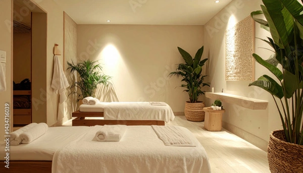 Obraz serene spa room featuring two massage tables, surrounded by lush greenery and soft lighting, creating tranquil atmosphere