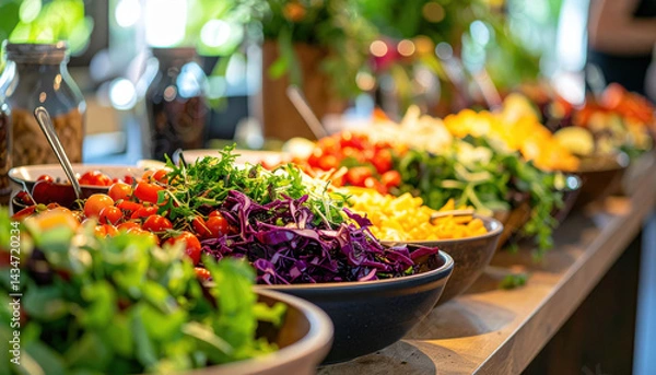 Fototapeta Fresh salad bar with colorful vegetables, including tomatoes, cabbage, and greens, creating vibrant and healthy display