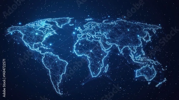 Fototapeta Connected world network map illuminated with vibrant blue neon lights