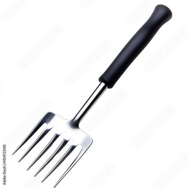 Fototapeta Close-up of a stainless steel garden fork with a black handle, isolated on a white background, ideal for gardening tools