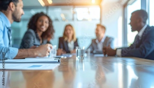 Fototapeta モダンオフィスの会議テーブル越しに見たチームミーティングの手元アップ