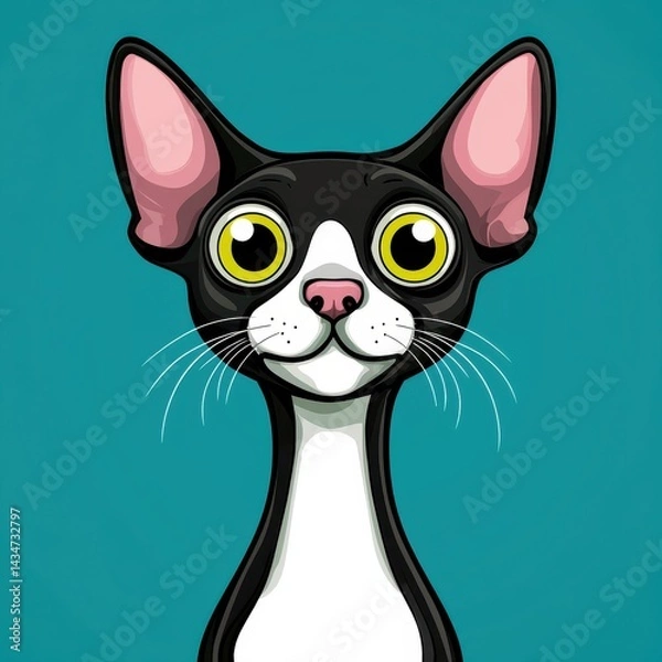 Obraz Cartoon illustration of a cat with a black face, white muzzle, and yellow eyes on a teal background