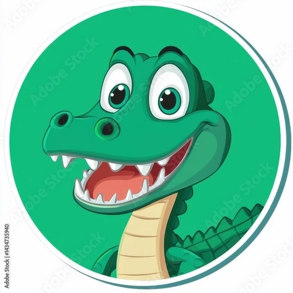 Fototapeta Cartoon alligator head with large eyes and open mouth on bright green background