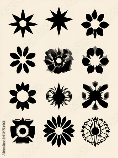 Fototapeta Y2k style geometric shape and symbol collection - black silhouette vector set of stars and flowers, ovals and blobs, abstract forms and metaballs. 2000s design elements for retro futuristic creation.
