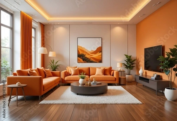 Obraz A stylish orange-themed living room interior, 3D render. 