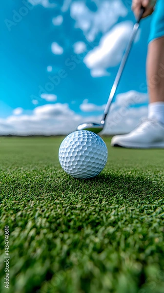 Fototapeta Close Up of Golfer Putting on a Lush Green Golf Course Under a Blue Sky