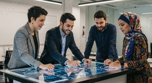 Fototapeta Four diverse people collaborate at a large interactive touchscreen table in an office.
