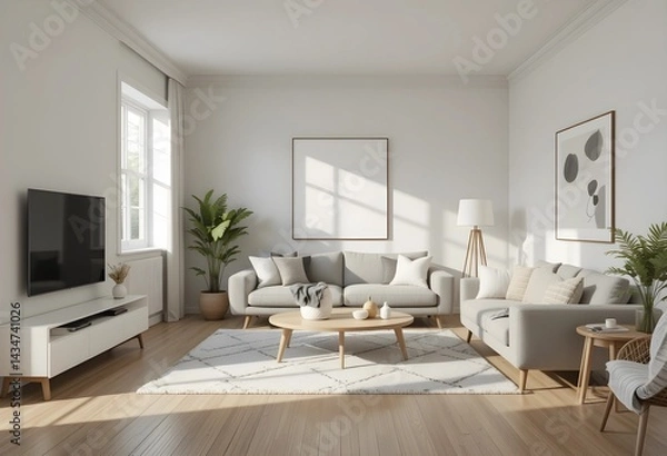 Obraz Cozy and modern atmosphere suitable for home decor, architecture, or interior design concepts. Living room interior design with Scandinavian style. 3D render. 