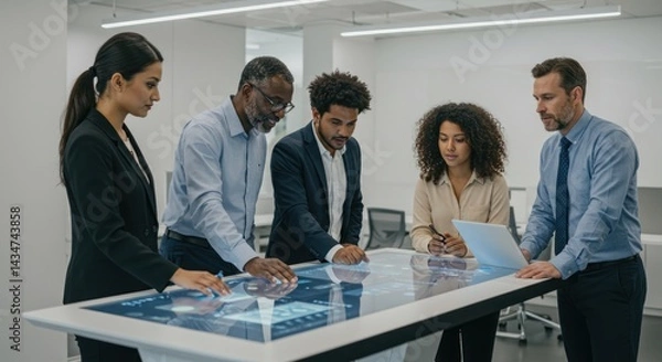 Fototapeta A group of diverse business people collaborate around a digital interactive table.