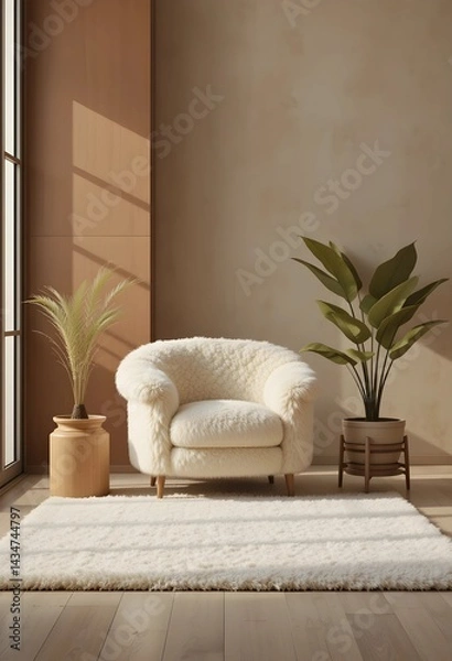 Obraz Minimalist lounge design with earth tones and cream sheepskin club chairs. 3D render. Scandinavian influence. 