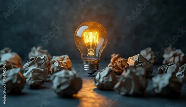 Fototapeta Glowing Light Bulb Surrounded by Crumpled Papers on a Gray Background Symbolizing Ideas and Creative Process