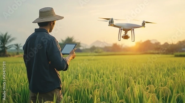 Fototapeta Asian farmer controlling drone with tablet in green rice field, rear view, technology in agriculture, serene landscape