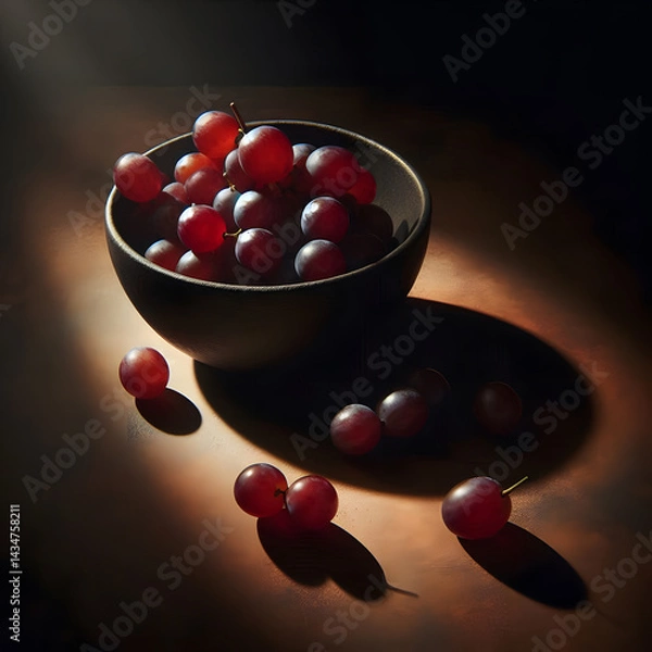 Fototapeta A dark bowl holds red grapes, with some scattered on a dimly lit surface casting long shadows