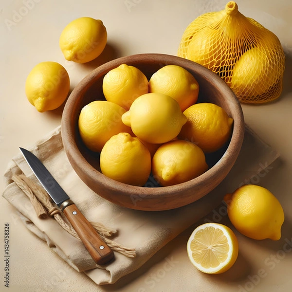 Fototapeta A wooden bowl overflows with bright yellow lemons next to a knife and a mesh bag of lemons