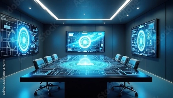 Fototapeta "futuristic high-tech meeting room with interactive digital screens, smart table, touchscreen interfaces, holographic display, modern office interior, clean lighting, realistic 3D render, wide angle, 