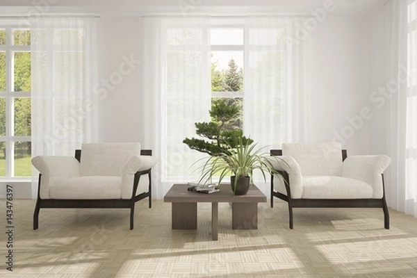 Fototapeta White room with sofa and green landscape in window. Scandinavian interior design. 3D illustration