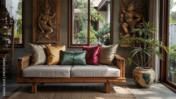 Obraz Cozy living room with a wooden sofa, colorful pillows, wooden carvings, and a plant creating a warm ambiance.