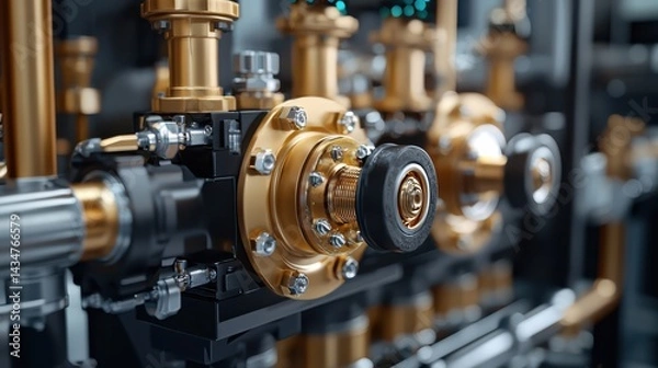 Fototapeta Close Up of Intricate Machine Components Showcasing Gleaming Gold Finish