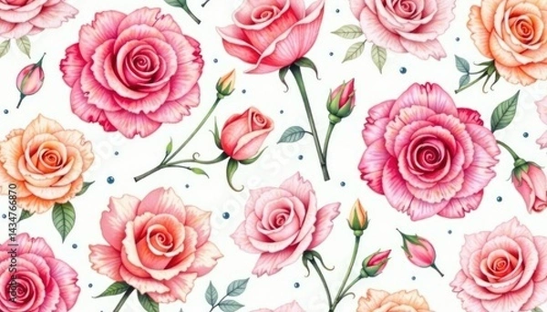 Fototapeta Delicate watercolor roses, soft hues, seamless repeat, design, repeat, flowers