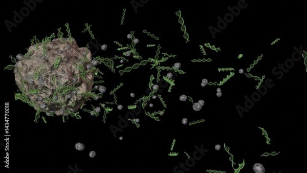 Obraz Asteroid, meteorite with DNA molecules. Space rock emitting DNA molecules. Microscopic particle with DNA fragments. Space rock releasing DNA. 3d render
illustration.