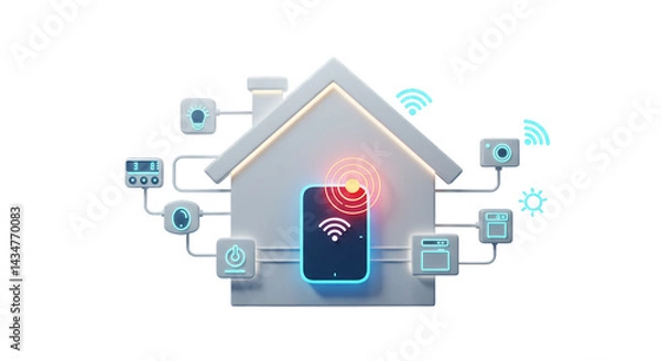 Fototapeta Social icons, advertising icons, business icons  a stylized house with a central hub connected to various smart home devices on a black background