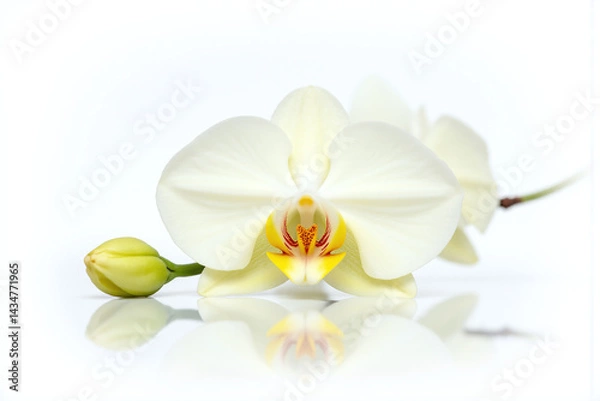 Obraz white orchid flower with water reflection on a white background