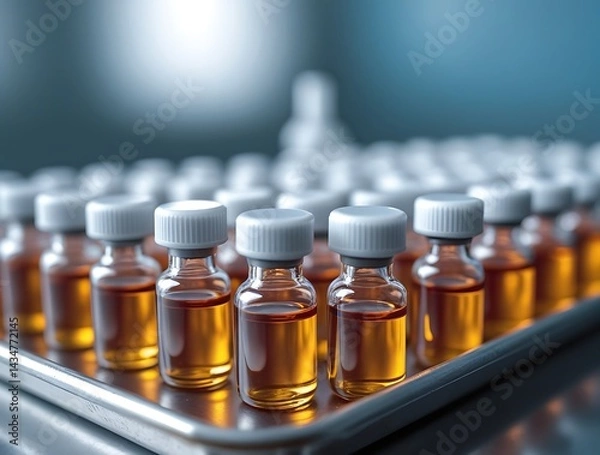 Obraz Rows of amber pharmaceutical vials with white caps on a stainless steel conveyor in a modern laboratory, representing medicine production, healthcare innovation, and scientific research

