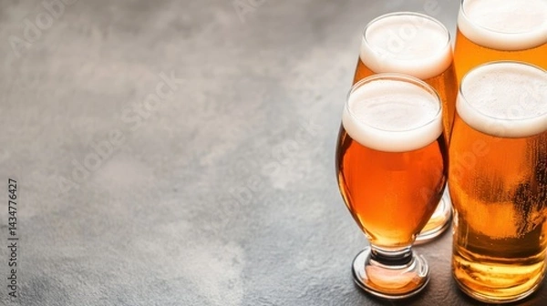 Fototapeta Refreshing Trio of Golden Beers on Rustic Table Evoking Cheerful Vibes