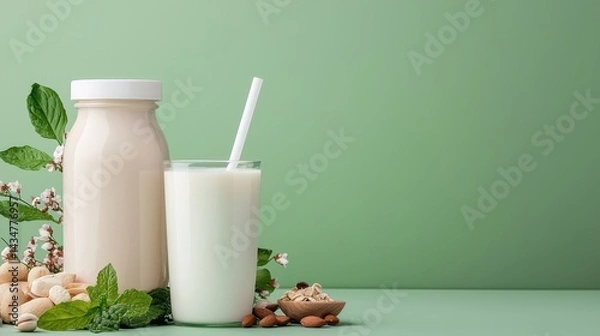 Fototapeta Refreshing Bottle and Glass of Milk on Clean White Table with Light