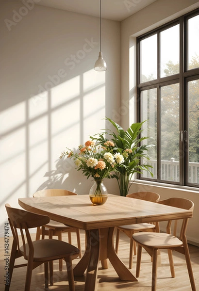 Obraz A cozy and modern home interior dining room featuring a wooden dining table and wooden chairs. 3D render. Scandinavian influences. 