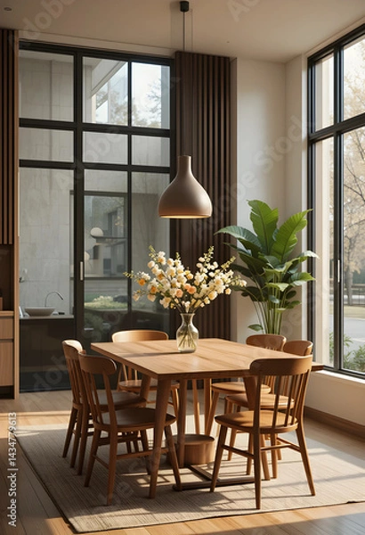 Obraz A modern cozy dining room interior design with dining table, chairs and wooden floor. 3D render. Scandinavian influences. 