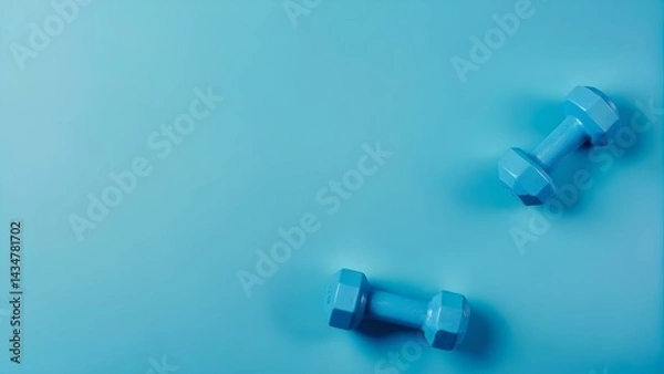 Fototapeta Top View of Two Black Dumbbells on Light Blue Background for Fitness, Workout, and Gym Training Concepts