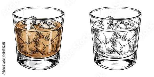 Fototapeta Whiskey Sour Cocktails with Ice Sketched Vector Illustration. Monochrome and Color Versions, Classic Cocktail, Mixology Concept. For Menus, Bar Design, Recipe Sites, Blogs