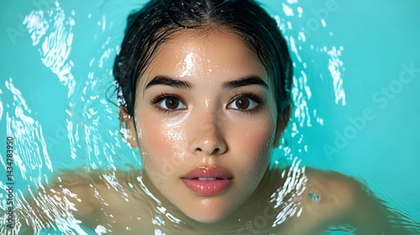 Fototapeta Serene Woman Submerged in Aqua Water