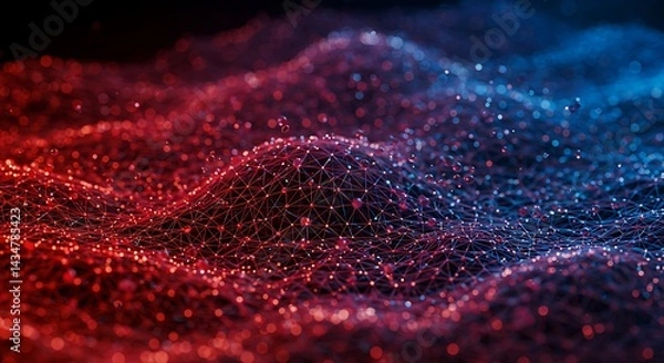 Fototapeta Abstract Network with Red and Blue Glowing Points on Black Background