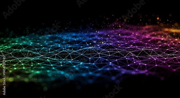 Fototapeta Abstract Network Connection with Colorful Lines and Dots on Black Background