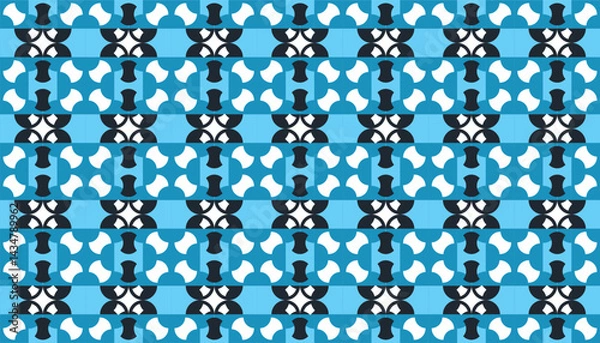 Fototapeta Seamless ornamental vector pattern with black and white abstract shapes on a bright blue background. Playful and dynamic design perfect for fabric prints, wallpapers, branding, and packaging