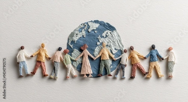 Obraz Diverse Miniature Figures Holding Hands Around A Textured Earth Globe On A Light Backgrounds